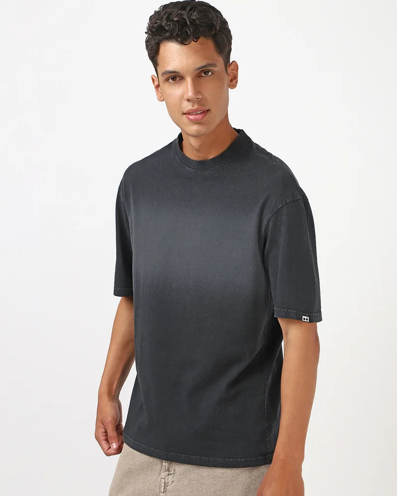 بيواكوف Men's Black Oversized Ombre Acid Wash T-shirt